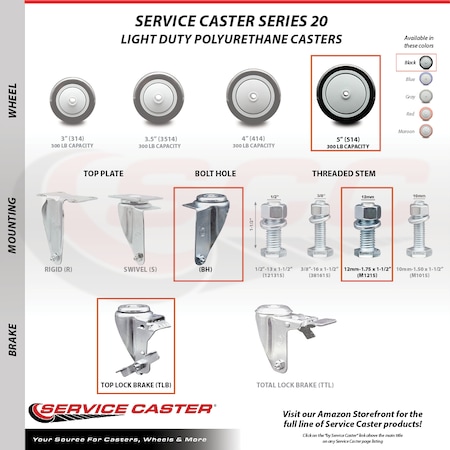 Service Caster 5 Inch Black Polyurethane Wheel Swivel 12mm Threaded Stem Caster with Brake SCC-TS20S514-PPUB-BLK-TLB-M1215